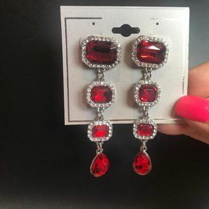 NEW Red Formal Chandelier Pierced Earrings Red & Clear stones Pageant Prom